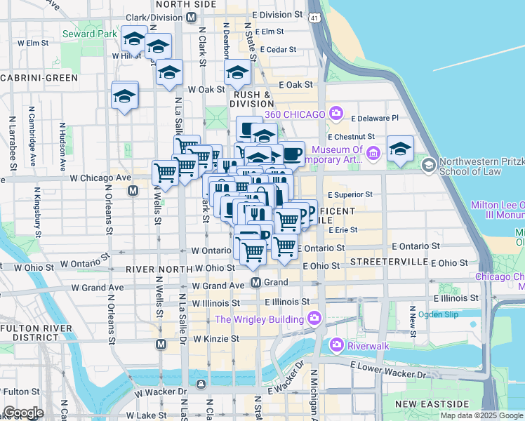 map of restaurants, bars, coffee shops, grocery stores, and more near 8 East Huron Street in Chicago