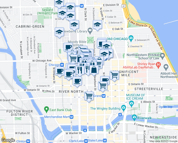 map of restaurants, bars, coffee shops, grocery stores, and more near 665 North Clark Street in Chicago