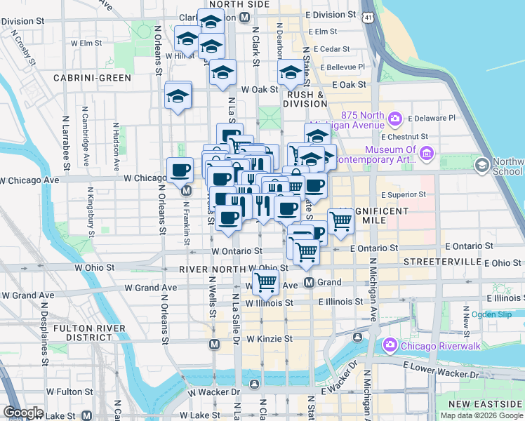 map of restaurants, bars, coffee shops, grocery stores, and more near 70 West Huron Street in Chicago