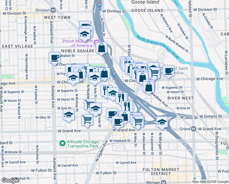 map of restaurants, bars, coffee shops, grocery stores, and more near 720 North Willard Court in Chicago