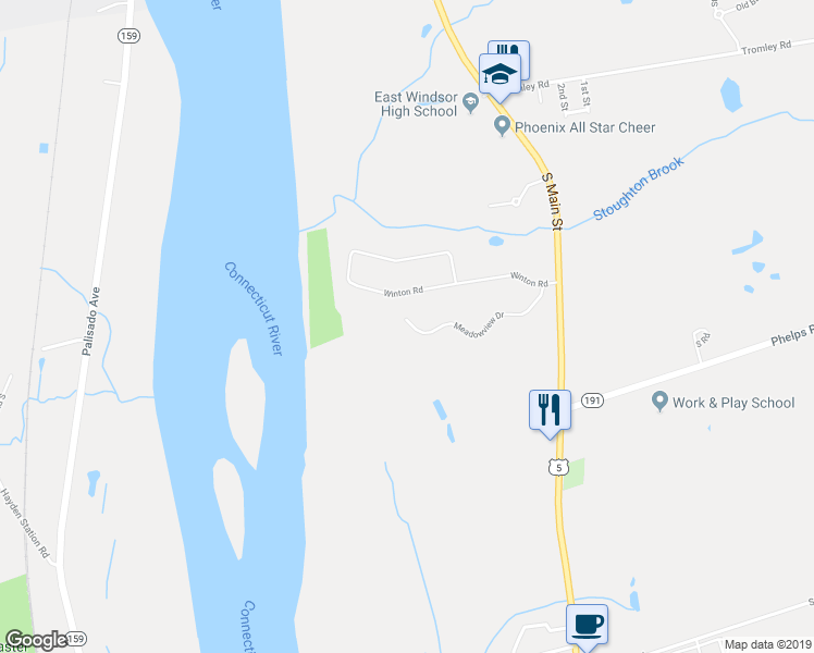 map of restaurants, bars, coffee shops, grocery stores, and more near 2202 Meadowview Drive in East Windsor