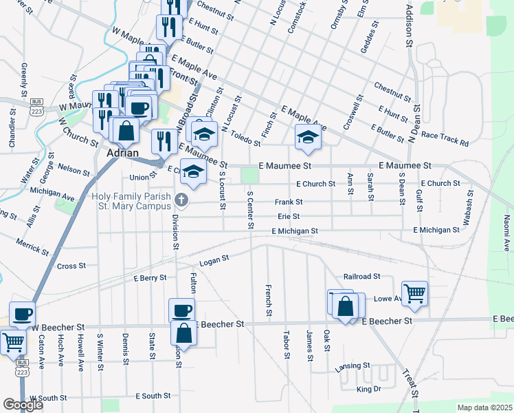 map of restaurants, bars, coffee shops, grocery stores, and more near 518 Frank Street in Adrian