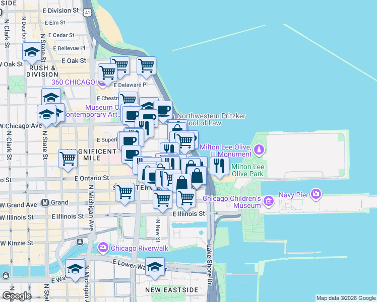 map of restaurants, bars, coffee shops, grocery stores, and more near 409-499 East Huron Street in Chicago