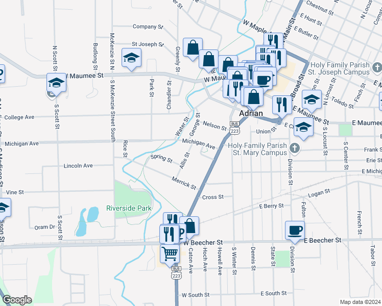map of restaurants, bars, coffee shops, grocery stores, and more near 423 Allis Street in Adrian