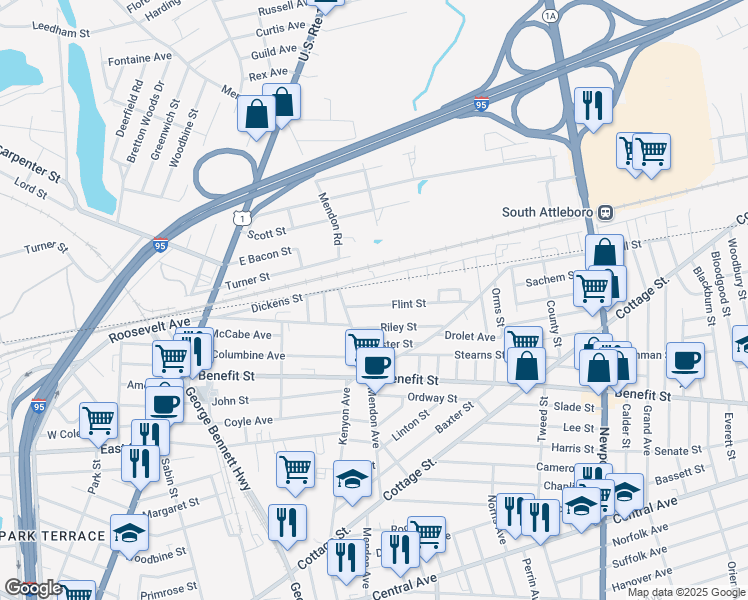 map of restaurants, bars, coffee shops, grocery stores, and more near 34 Flint Street in Pawtucket