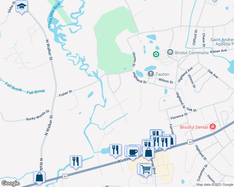 map of restaurants, bars, coffee shops, grocery stores, and more near 72 3 Mile River Lane in Taunton