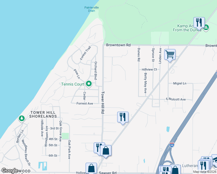 map of restaurants, bars, coffee shops, grocery stores, and more near 12367 Tower Hill Road in Sawyer