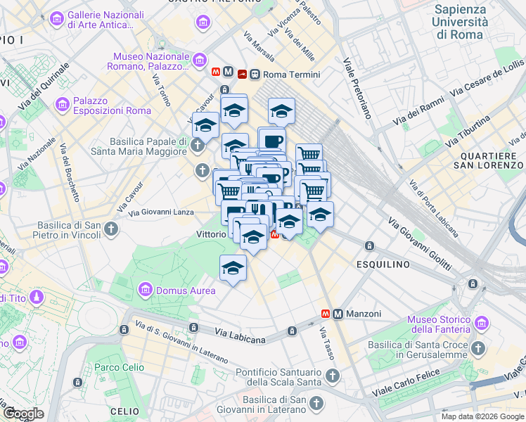 map of restaurants, bars, coffee shops, grocery stores, and more near 141 Piazza Vittorio Emanuele II in Roma