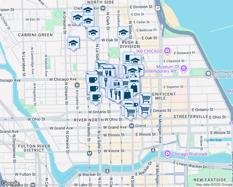 map of restaurants, bars, coffee shops, grocery stores, and more near 702 North Dearborn Street in Chicago