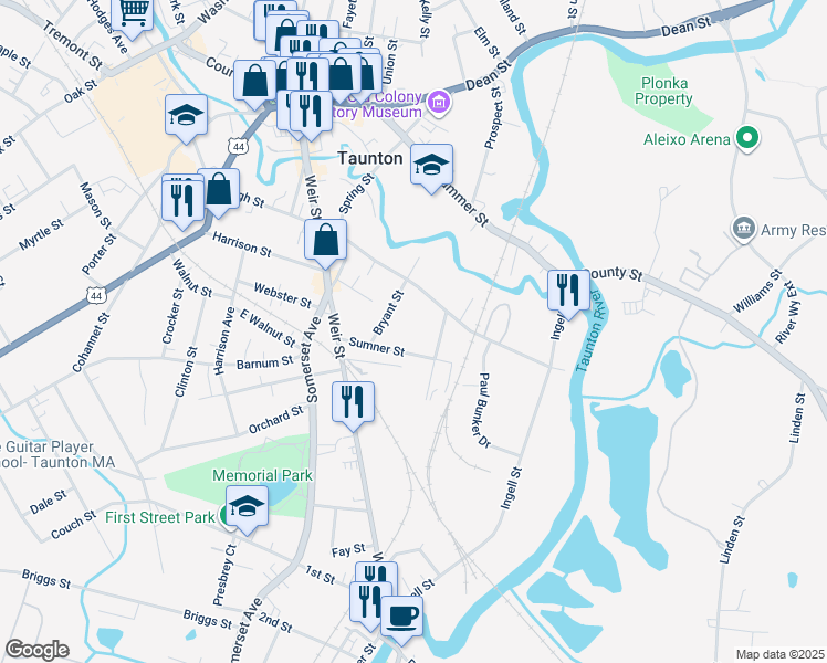 map of restaurants, bars, coffee shops, grocery stores, and more near 11 Cushman Street in Taunton