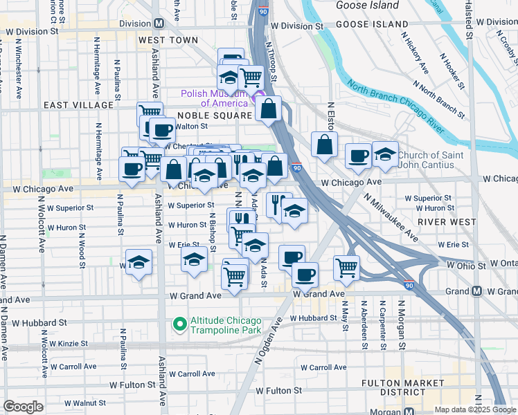 map of restaurants, bars, coffee shops, grocery stores, and more near 720 North Ada Street in Chicago