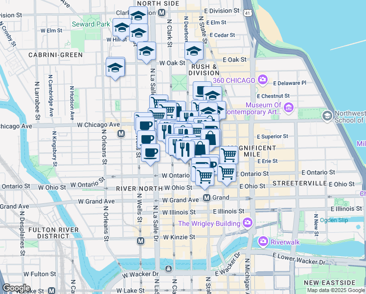 map of restaurants, bars, coffee shops, grocery stores, and more near 56 West Huron Street in Chicago