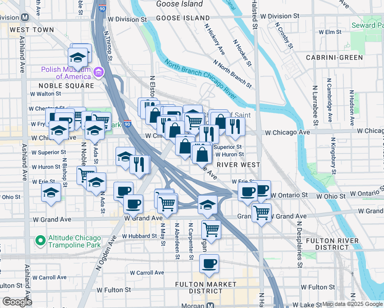 map of restaurants, bars, coffee shops, grocery stores, and more near 731 North Carpenter Street in Chicago