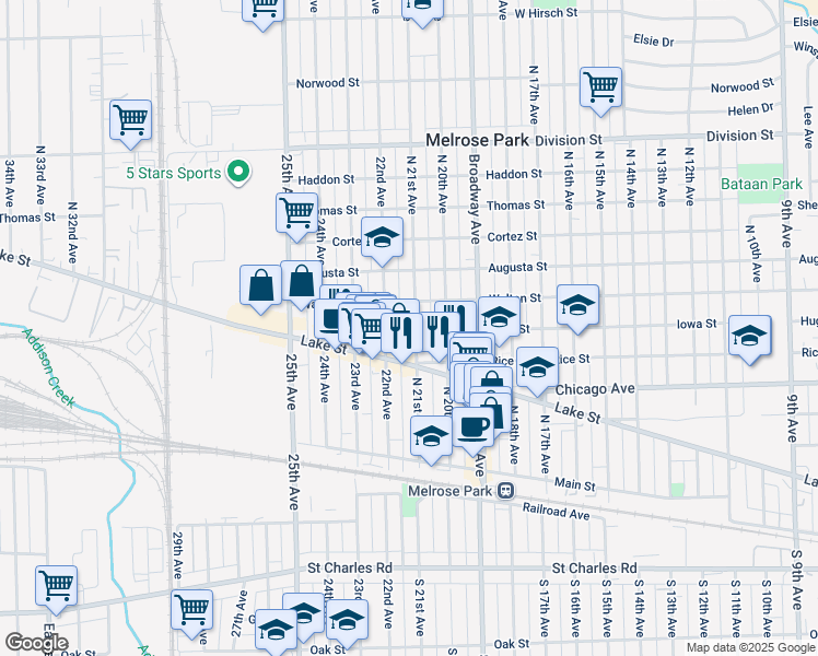 map of restaurants, bars, coffee shops, grocery stores, and more near 902 North 21st Avenue in Melrose Park