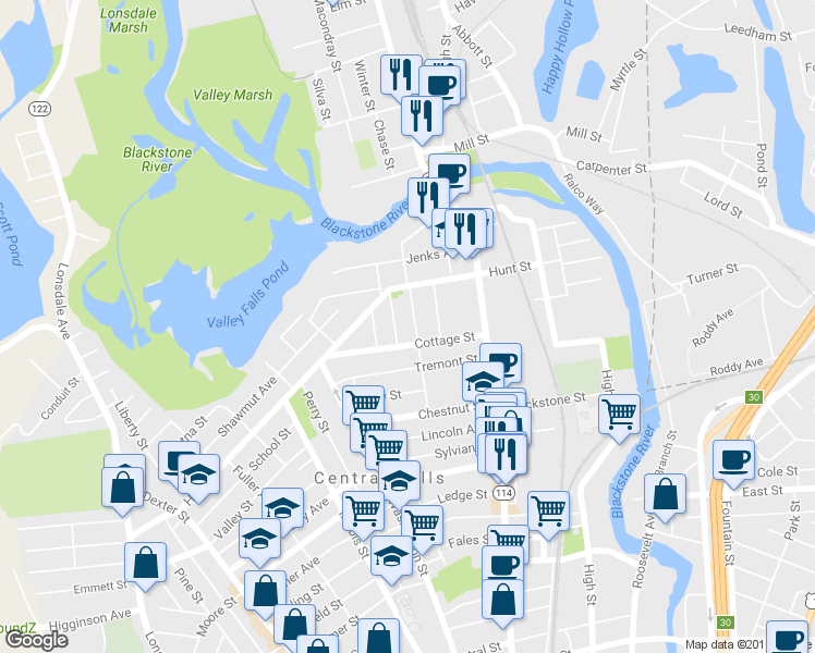 map of restaurants, bars, coffee shops, grocery stores, and more near 68 Hadwin St in Central Falls