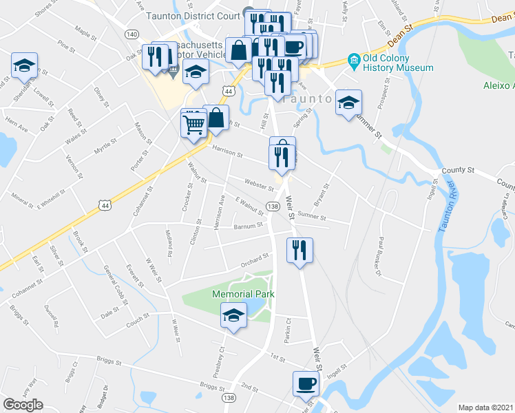 map of restaurants, bars, coffee shops, grocery stores, and more near 57 Somerset Avenue in Taunton