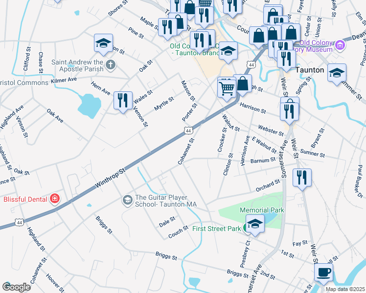 map of restaurants, bars, coffee shops, grocery stores, and more near 122 Winthrop Street in Taunton