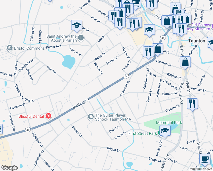 map of restaurants, bars, coffee shops, grocery stores, and more near 131 Winthrop Street in Taunton