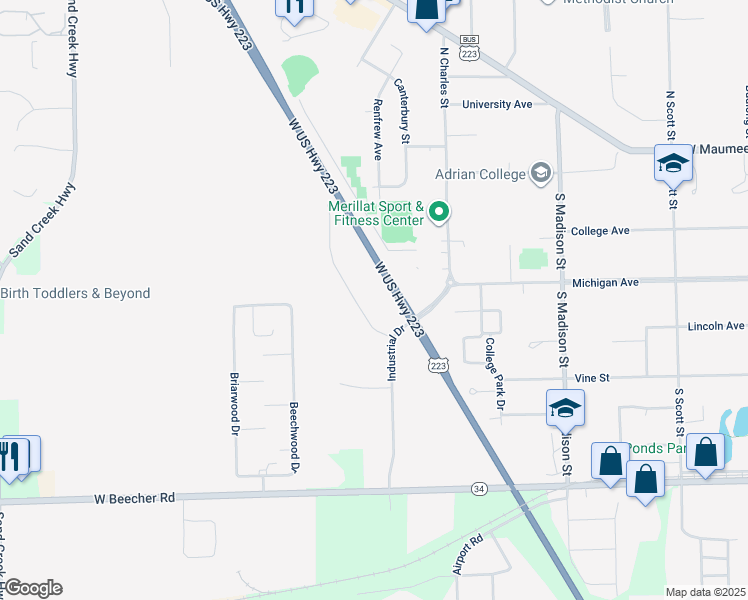 map of restaurants, bars, coffee shops, grocery stores, and more near in Adrian