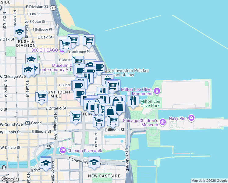 map of restaurants, bars, coffee shops, grocery stores, and more near 409-499 East Huron Street in Chicago