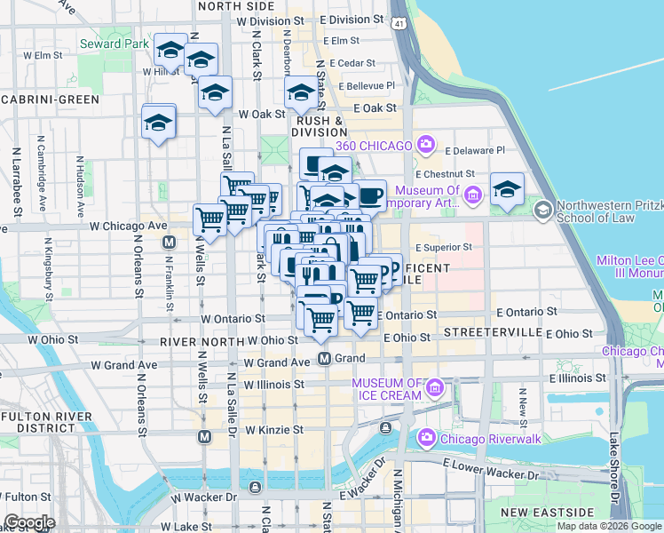 map of restaurants, bars, coffee shops, grocery stores, and more near 700 North State Street in Chicago