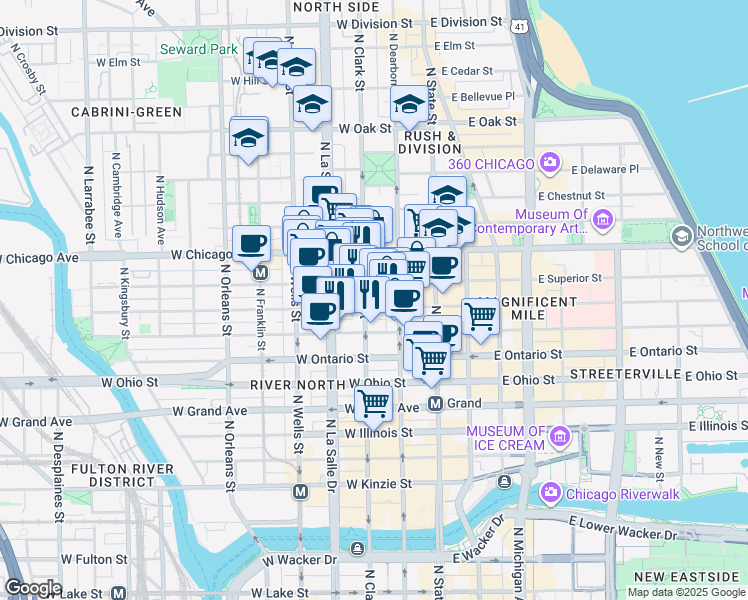 map of restaurants, bars, coffee shops, grocery stores, and more near 665 North Clark Street in Chicago