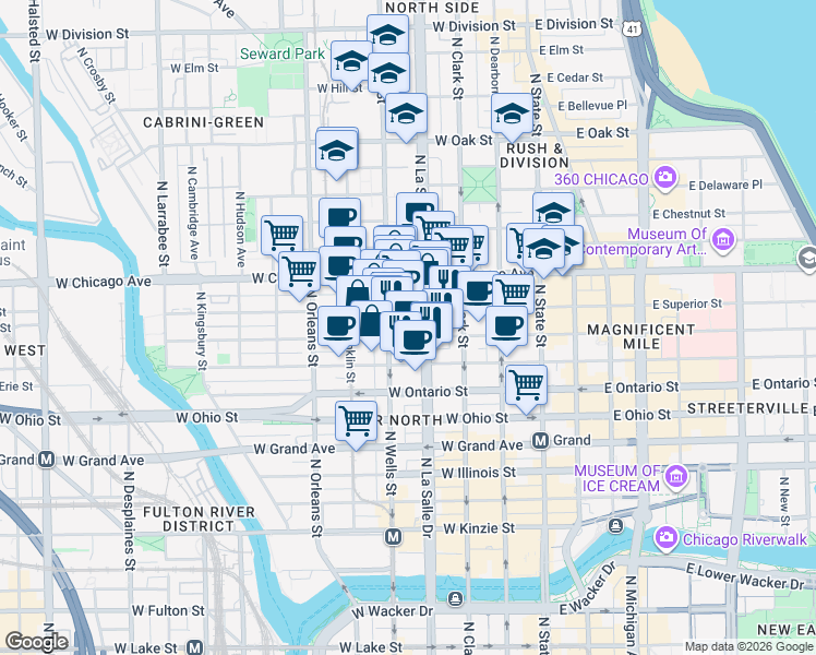 map of restaurants, bars, coffee shops, grocery stores, and more near in Chicago