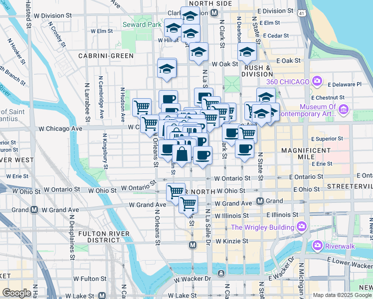 map of restaurants, bars, coffee shops, grocery stores, and more near 702 North Wells Street in Chicago