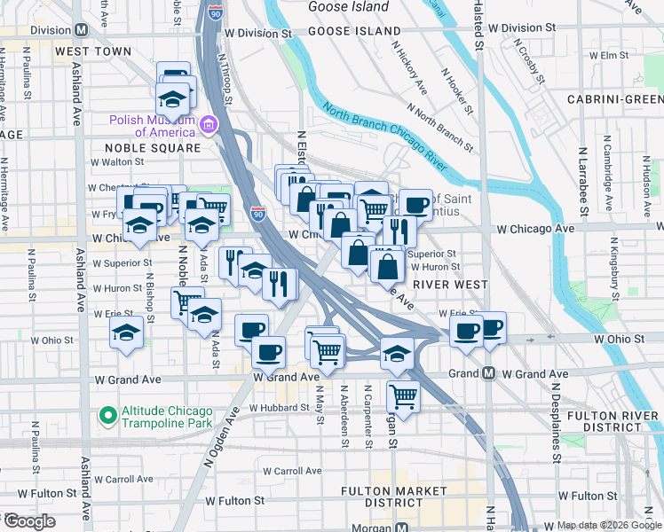 map of restaurants, bars, coffee shops, grocery stores, and more near 723 North Ogden Avenue in Chicago