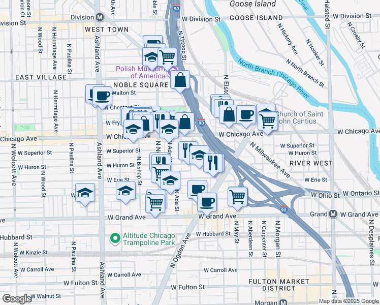 map of restaurants, bars, coffee shops, grocery stores, and more near 721 North Throop Street in Chicago