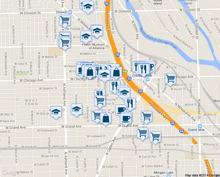map of restaurants, bars, coffee shops, grocery stores, and more near 721 North Throop Street in Chicago