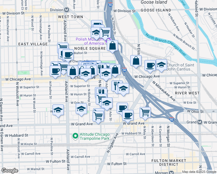 map of restaurants, bars, coffee shops, grocery stores, and more near 720 North Ada Street in Chicago