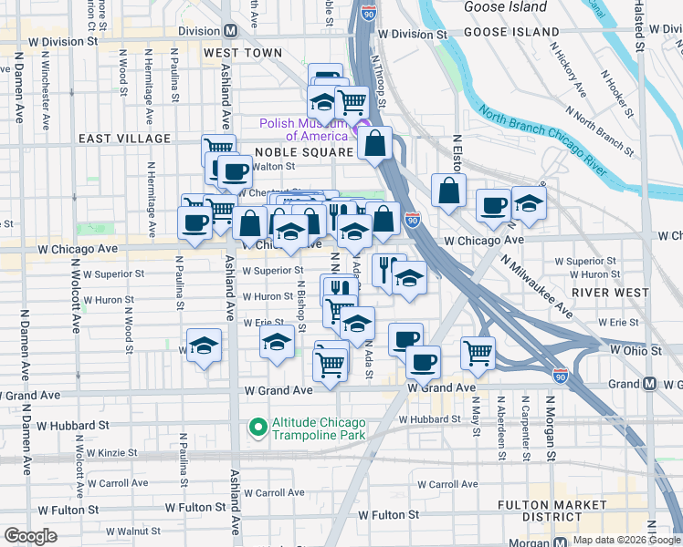 map of restaurants, bars, coffee shops, grocery stores, and more near 720 North Ada Street in Chicago