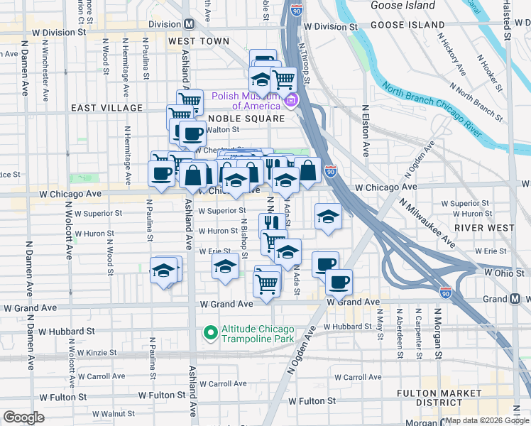 map of restaurants, bars, coffee shops, grocery stores, and more near 1413 West Superior Street in Chicago