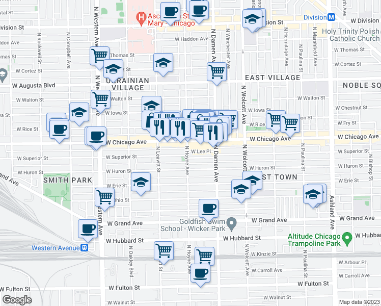map of restaurants, bars, coffee shops, grocery stores, and more near 2100 West Superior Street in Chicago