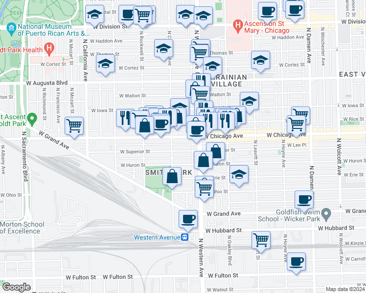 map of restaurants, bars, coffee shops, grocery stores, and more near 2440 West Superior Street in Chicago