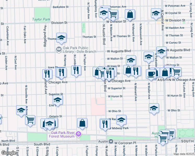 map of restaurants, bars, coffee shops, grocery stores, and more near 40 Chicago Avenue in Oak Park