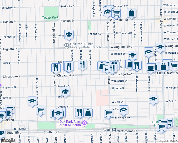 map of restaurants, bars, coffee shops, grocery stores, and more near 495 North Taylor Avenue in Oak Park