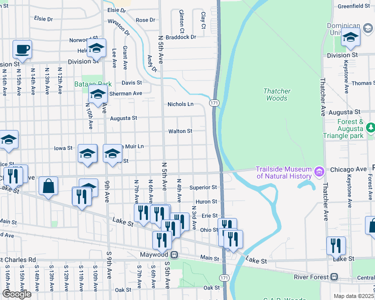 map of restaurants, bars, coffee shops, grocery stores, and more near 811 North 3rd Avenue in Maywood