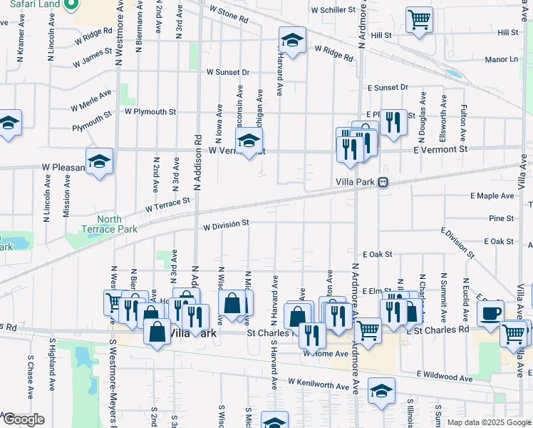 map of restaurants, bars, coffee shops, grocery stores, and more near 206 West División Street in Villa Park