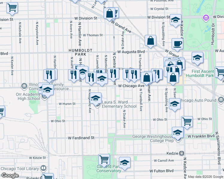map of restaurants, bars, coffee shops, grocery stores, and more near 3607 West Chicago Avenue in Chicago