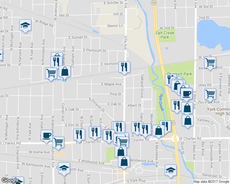 map of restaurants, bars, coffee shops, grocery stores, and more near 306 Pine Street in Villa Park