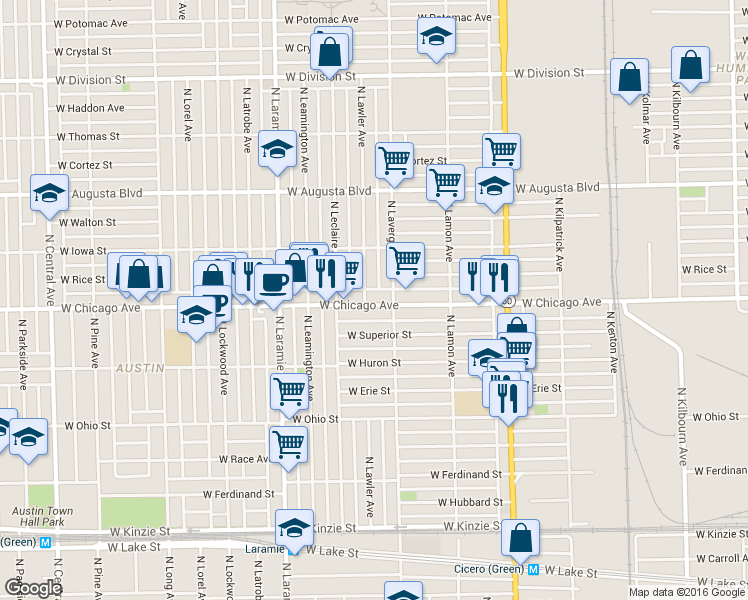 map of restaurants, bars, coffee shops, grocery stores, and more near 5018 W Chicago Ave in Chicago