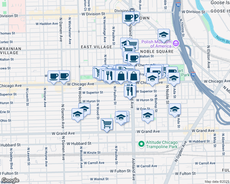 map of restaurants, bars, coffee shops, grocery stores, and more near N Paulina St & W Superior St in Chicago