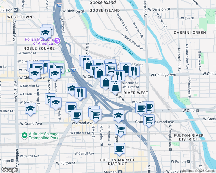 map of restaurants, bars, coffee shops, grocery stores, and more near 731 North Carpenter Street in Chicago
