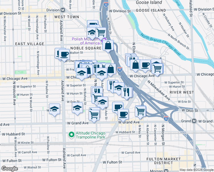 map of restaurants, bars, coffee shops, grocery stores, and more near 721 North Throop Street in Chicago