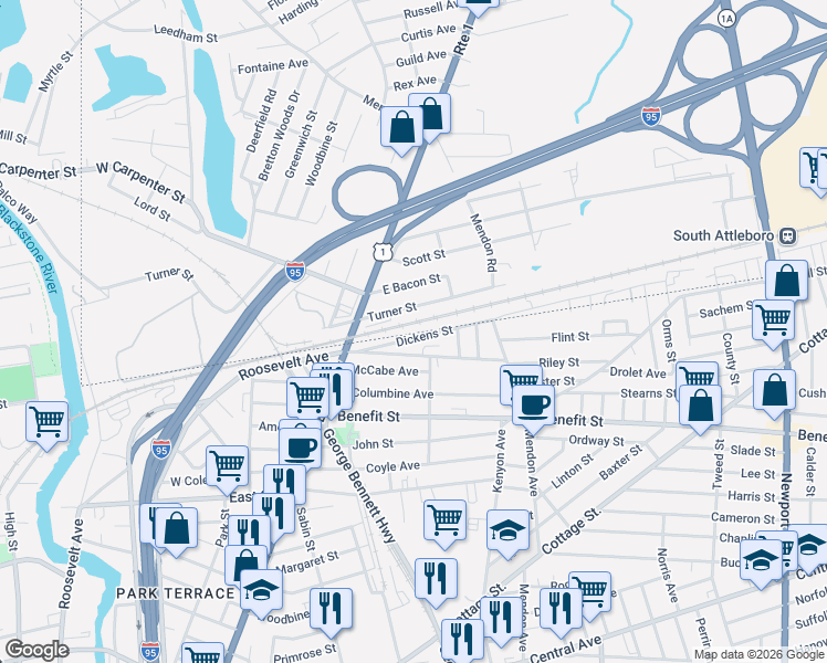 map of restaurants, bars, coffee shops, grocery stores, and more near 76 Dickens Street in Attleboro
