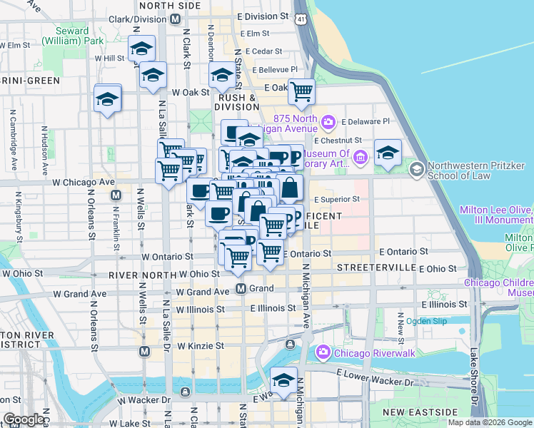 map of restaurants, bars, coffee shops, grocery stores, and more near 711 North Wabash Avenue in Chicago