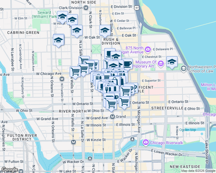 map of restaurants, bars, coffee shops, grocery stores, and more near 1 West Superior Street in Chicago
