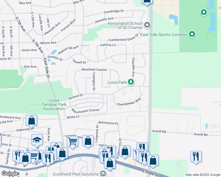 map of restaurants, bars, coffee shops, grocery stores, and more near 726 Lancaster Lane in Geneva
